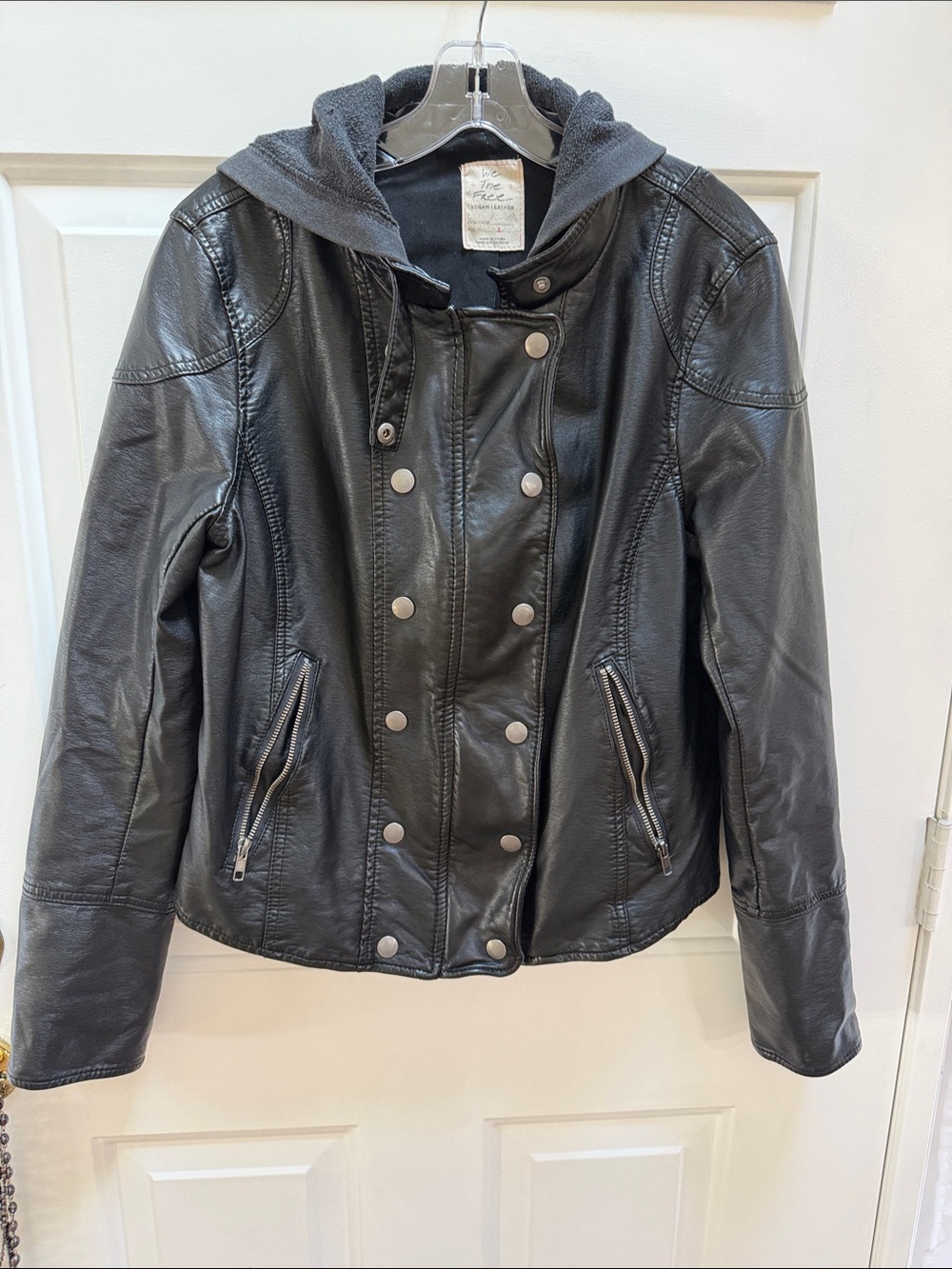 We The Free Black Faux Leather Double-Breasted Jacket with Hood, size L